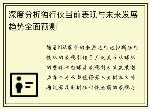 深度分析独行侠当前表现与未来发展趋势全面预测