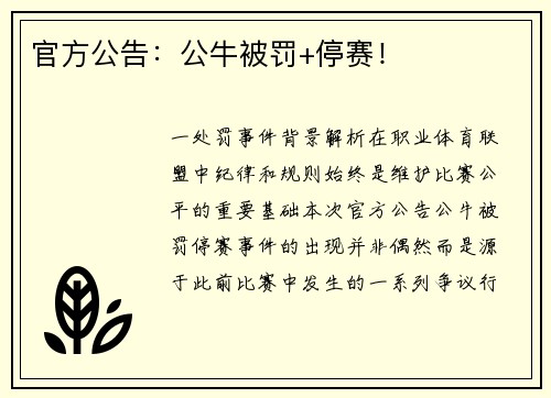 官方公告：公牛被罚+停赛！